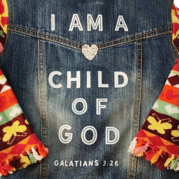 I Am A Child of God Upcycled Christian Girl's Sweater Sleeve Jean Jacket, 4T - Picture 2 of 4